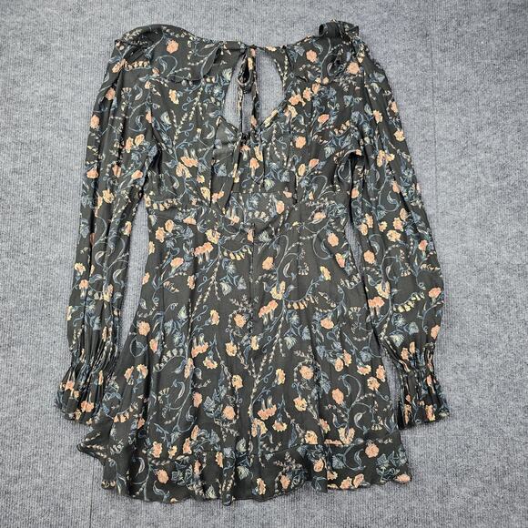 Free People Dress Womens Large Floral Long Sleeve Boho Ruffle Mini Tie Open Back - Picture 7 of 8